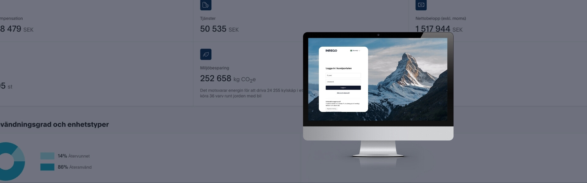 Skärm med inloggningsruta till Inrego Circular Portal och ett berg i bakgrunden.